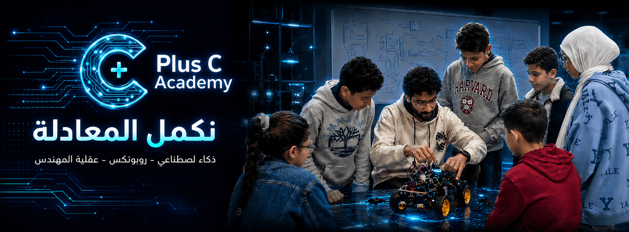 Eng. Mahmoud Thabet working on a robotics project with Plus C Academy students